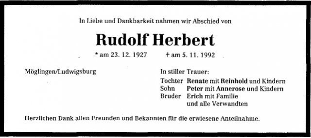 Herbert Rudolf 1927-1992 Todesanzeige